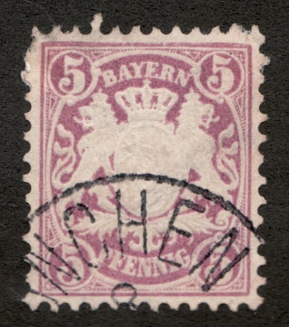 Baviera alemana 1878 Sc #40 - 5 peniques, escudo de armas. Sello postal usado. CV$20 Foto 1 de 1