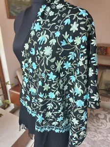 KASHMIRI CREWEL BLAU BESTICKT SCHAL 100 % KASCHMIR SCHWARZ PASHMINA SCHAL - Bild 1 von 6