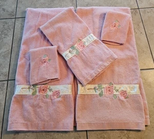 Vtg 80's Satin Trim Embroidered Roses Pink 100% Cotton Towel Set 5 Pieces - Picture 1 of 4