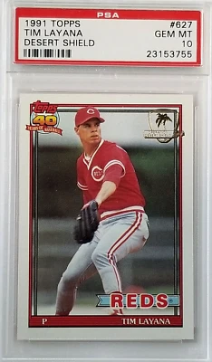 1991 Topps Desert Shield #627 Tim Layana PSA 10 Gem Mint card Cincinnati Reds  - Image 1 of 4