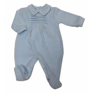 BOYS BLUE ROMPERS SPANISH STYLE VELOUR SLEEPSUIT PLEATS BABY BOY 0-6 MONTHS - Picture 1 of 2