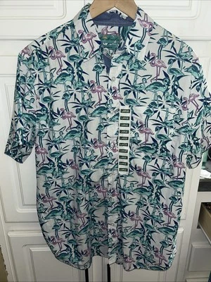 Joe Marlin Hawaiian Shirt Pink Blue Flamingo Floral Print Mens L-NWT! - Image 1 of 4