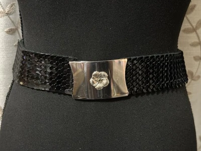 "Cinturón elástico vintage escala pescado negro tono plata 26"" discoteca" Foto 1 de 4