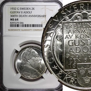SWEDEN Silver 1932 G 2 Kronor NGC MS64 Death of Gustaf II Adolf BU KM# 805 (046) - Picture 1 of 5