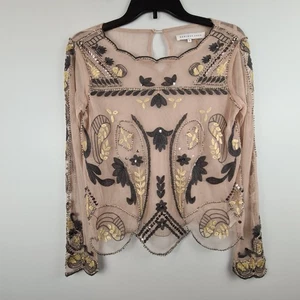 Endless Rose hellbraun grau transparent Mesh Langarm Top Perlen Gr. S überbacken MANGEL - Bild 1 von 9