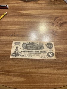 BANCONOTA 100 DOLLARI 1862 MONETA CONFEDERATA GUERRA CIVILE - Foto 1 di 5