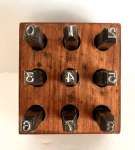 Vtg Young Bros. Machine Made Steel Punch Stamp Set Number 9 pc. Wood Box 1/8" - Picture 1 of 16