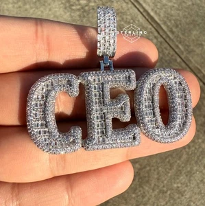 CEO Pendant Iced Out 14K White Gold Finish CZ + Free Steel Silver Cuban Chain - Picture 1 of 4