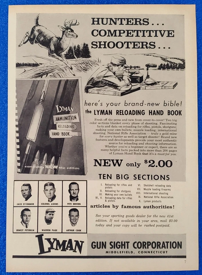 Lyman Gun View Corporation 1957 anuncio impreso original munición recarga manual Foto 1 de 1