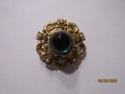 VINTAGE GOLD TONE SOLID PERFUME BROOCH EMERALD GREEN CABOCHON STONE - EMPTY