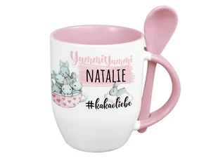 Tasse mit Löffel und Name, Hasen mit Spruch, personalisiert Wunschname Mädchen - Bild 1 von 6
