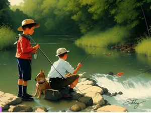 8 x 10 “Boys Gone Fishing”~ Original Art Print On Canvas Board W Hanger - Picture 1 of 2