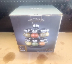 OPEN BOX-OLDE THOMPSON 16 JAR EMPTY SPICE RACK GLASS FLIP LIDS ROTATING SPICE - Picture 1 of 3