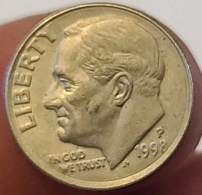 1998 P Roosevelt Dime Obverse & Reverse Tilted Collar Philly  - Image 1 of 2