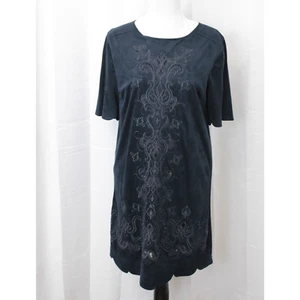 Miss Me Velour Embroidered Shift Dress Women M Short Sleeve Scalloped Hem Blue - Picture 1 of 12