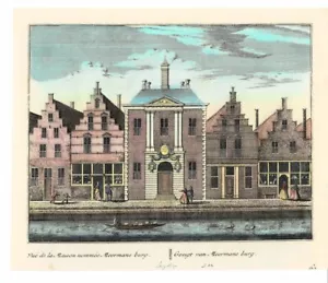 1732 HANDFARBIGE KUPFERPLATTE GRAVUR DES MEERMANSBURG HOFS IN LEIDEN - Bild 1 von 1