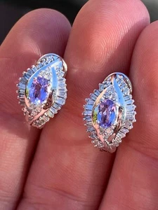 14ct gold diamond tanzanite baguette round cut earrings 5.4 grams - Picture 1 of 10