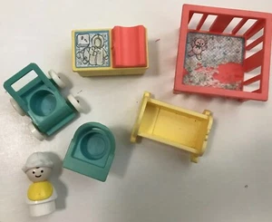 Vtg '72 Fisher-Price Little People Yellow Baby Nursery Lot Furniture Bonnet Blue - Picture 1 of 7