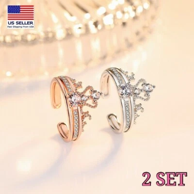 Moda Mujeres Joyería Cristal Corona Estilo 2 en 1 Anillos Abiertos Combo 2 Set 0253 Foto 1 de 4
