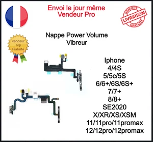 Nappe Bouton Power Volume Vibreur Iphone 4 4S 5 5C 5S 6 6S 7 8 X XR 11 Pro Max - Imagen 1 de 28