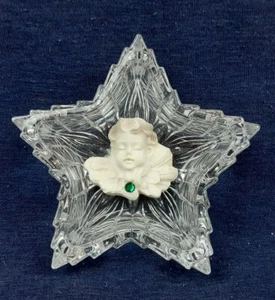 5 Point Star Glass Bowl With Angel Inside With Green Gem Emerald May - Picture 1 of 3