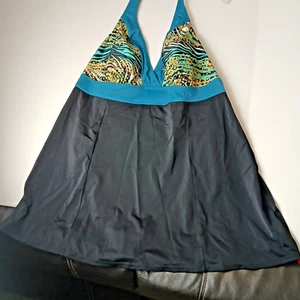 Tropical Escape Swimdress 18W, 80 Nylon,20 Spandex, Black, Green & Gold with Tie - Picture 1 of 6