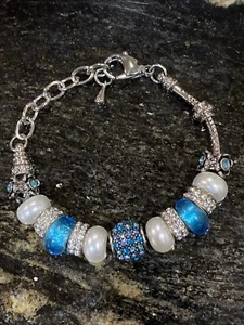 Sparkling SILVER CHARM Snake BRACELET BLUE & WHITE CZ EUROPEAN CHARMS - Picture 1 of 5