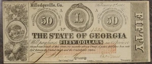 1863 February 2nd - The State of Georgia - Milledgeville - $50 Note-SN#1332 UNC - Picture 1 of 3