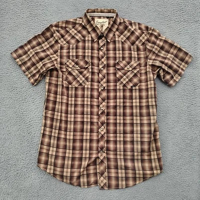 Coastal Shirt Mens XL Brown Tan Plaid Western Pearl Snap Short Sleeve Casual - Image 1 of 4