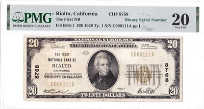 $20 1929 T1 National RIALTO California CA 🇺🇸 Mega Rare! 3 on Census! Fancy # - Image 1 of 2