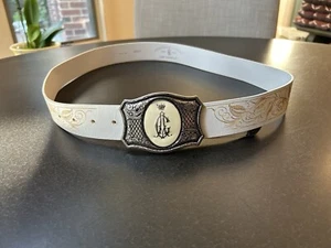 Christian Audigier Handmade Italy WHITE Leather Belt Medium 50 inches w BUCKLE - Picture 1 of 5