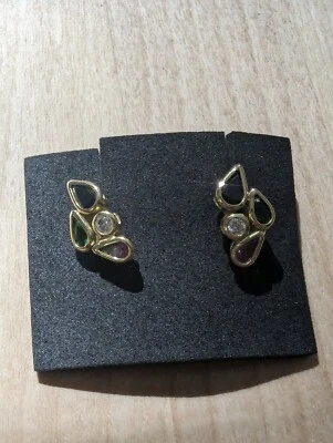 Ohrringe 585 Gelbgold mit Smaragd Rubin Saphir & Brillanten Tropfenschliff - Bild 1 von 4