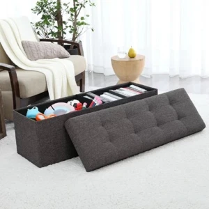Storage Bench Charcoal Upholstered Ottoman Linen Furniture Foot Rest Seat - Picture 1 of 5