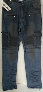 EMBELLISH NYC Herren getäfelt Biker gerippt Denim Cargo Hose blau Größe 36x34 Neu mit Etikett - Bild 1 von 8