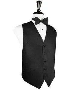 Black Luxury Geometric Satin Print Tuxedo Vest and Pre Tied Bow Tie - Picture 1 of 1