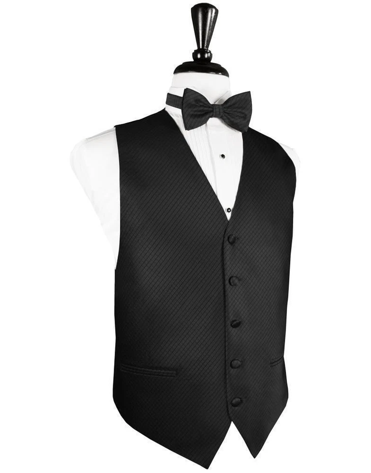 Black Luxury Geometric Satin Print Tuxedo Vest and Pre Tied Bow Tie - Image 1 of 1