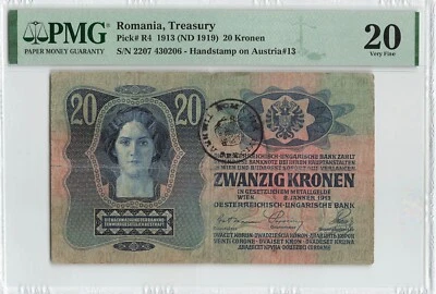 ROMANIA 20 Kronen 1913 (1919), P-R4 BUKOVINA Handstamp, Rare, PMG 20 Very Fine - Image 1 of 2