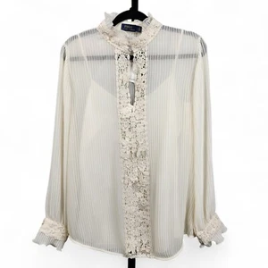 Polo Ralph Lauren Biesen Spitzenbesatz Georgette Bluse Damen 8 elfenbeinfarben Camisole - Bild 1 von 22