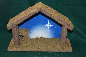 Presepe Natalizio Vintage Legno/Legno Scuderia Fondo Blu con Stella - Foto 1 di 12