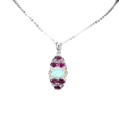 925 Argento Sterling Collana Ovale Opale di Fuoco 7x5mm Rhodorite Gemma Gioielli - Immagine 1 di 4