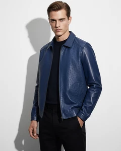 Herren Echt Straußenfeder Leder Echt Lammleder Blau Exotenhaut Bomberjacke - Bild 1 von 5