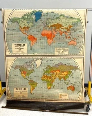 1945 Huge 53x54 School MAP ~ World Thermal regions Ocean Currents Vegetation - Image 1 of 4