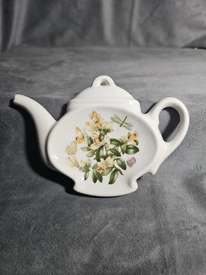 Porta cuchara Portmeirion flores amarillas mariposa forma tetera bolsa de té descanso Foto 1 de 4