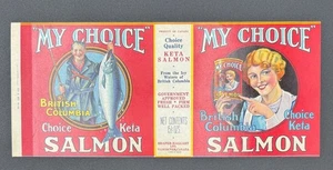 Etiqueta de salmón Keta My Choice 1952 vintage diseño años 30 40 BC Canadá - Imagen 1 de 3