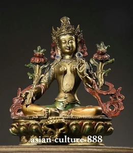 8" Tibet Buddhism Bronze Gold Painted Green Tara Buddha Goddess Guanyin Statue - Picture 1 of 9