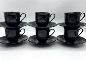 Set of 6 Mikasa Rondo Tango 7-5/8" Lavender Floral Black Coupe Soup Bowls EJ702 - Picture 1 of 14