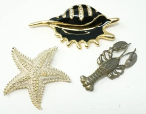 Lot of 3 Enamel Brooch Black Conch Shell Starfish Rhinestones Lobster Pewter - Picture 1 of 4