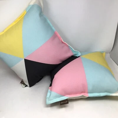 2 Allen Roth Pair Geometric Multi Color Square 14” Throw Pillows Patio Outdoor - Image 1 of 4