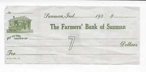 1930's Bank Check The Farmers Bank of Sunman, Indiana  As Shown - Picture 1 of 2