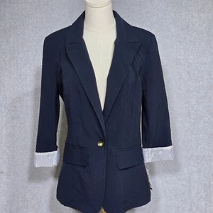 BCX Blazer Womens Large Navy Blue Faux Pockets One Button Tropical Business Coat - Picture 1 of 12